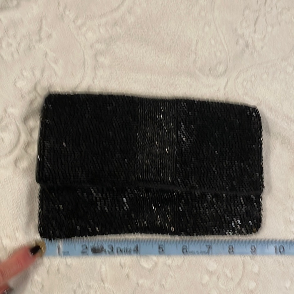 Black satin beaded clutch